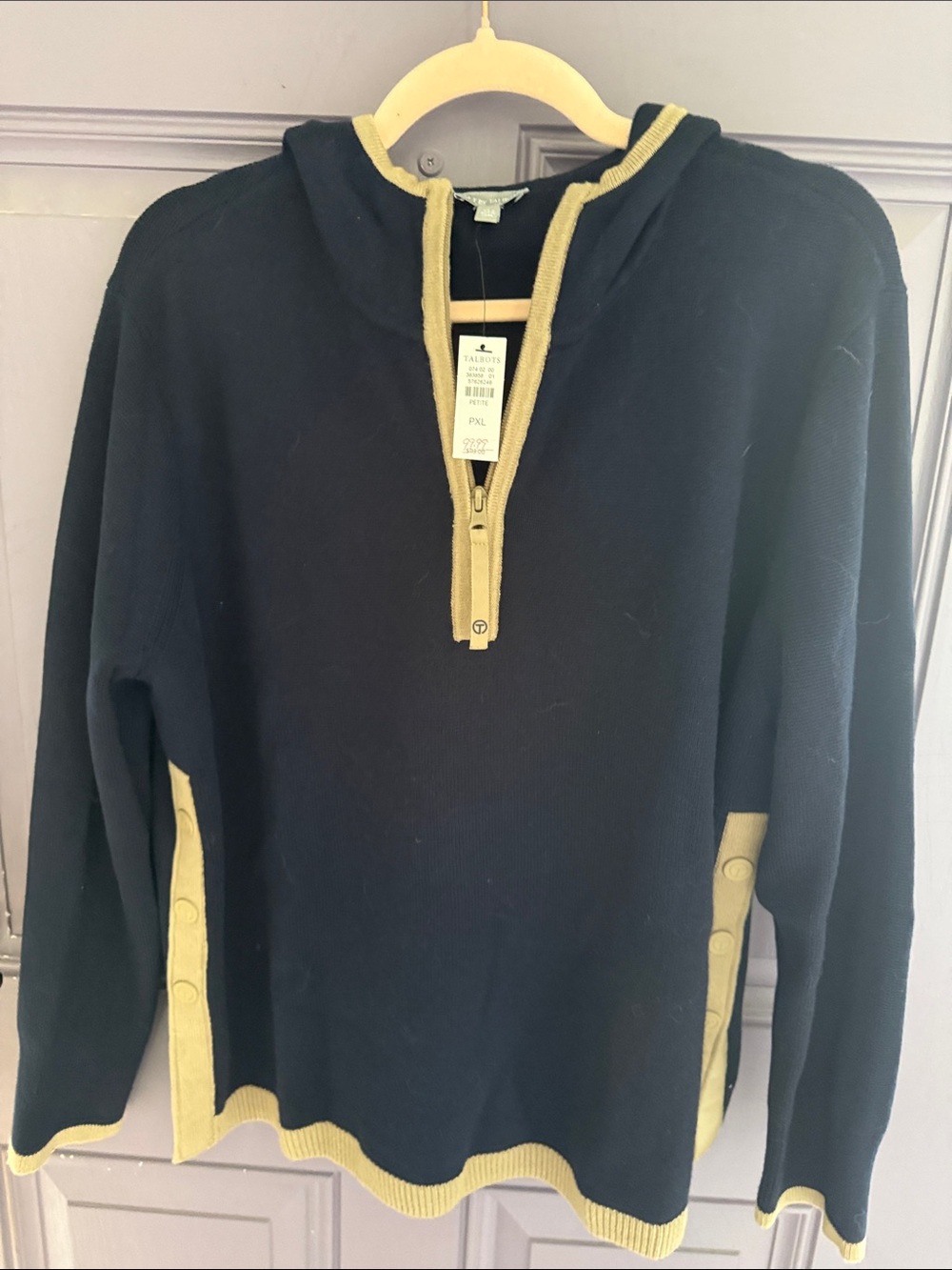 Talbots Navy Zip Hooded Sweater with beige Trim